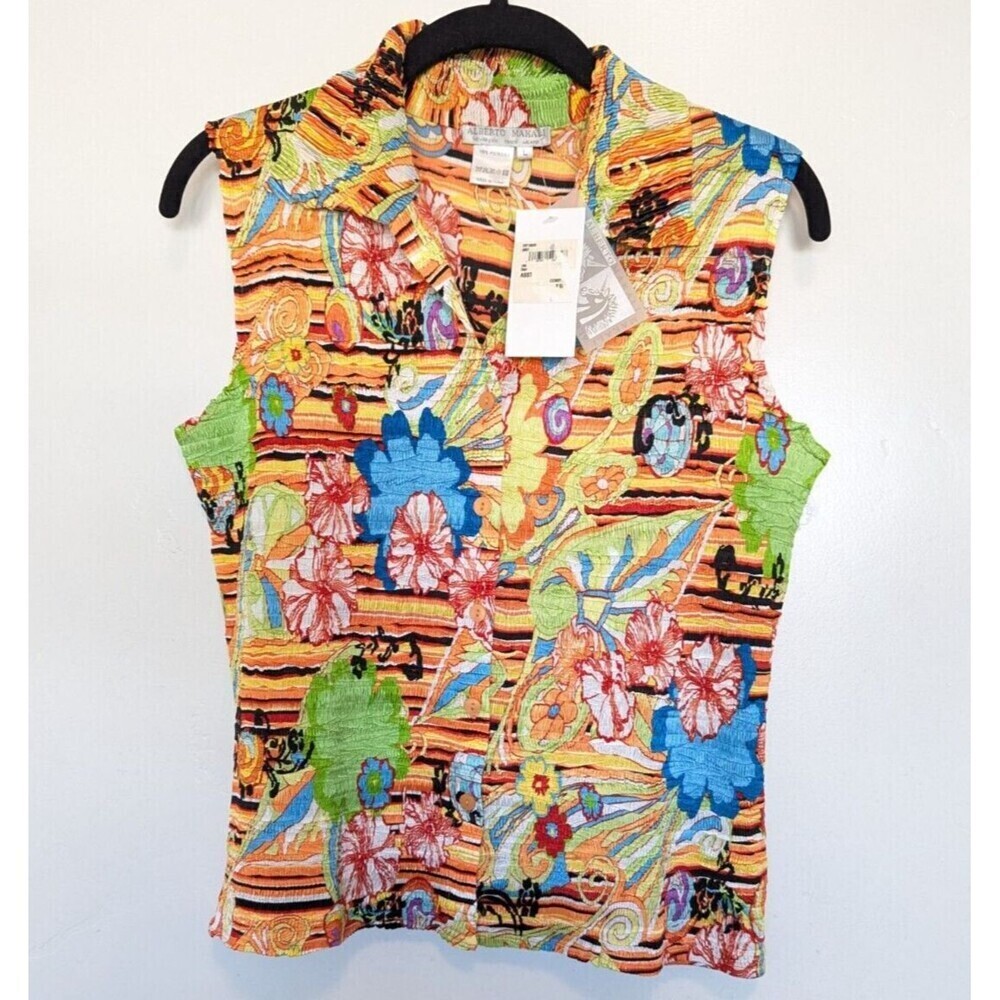 Alberto Malaki Top Womens Large Orange Colorful Vintage Sleeveless‎ Tropical New